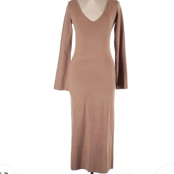 Wilfred Aritzia Tan Ribbed Knit Maxi Midi Bodycon Long Sleeve Dress Large - Picture 2 of 5
